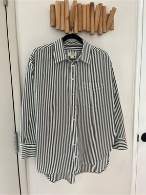 Anthropologie The Bennet Buttondown Green/White Striped Shirt Sz M